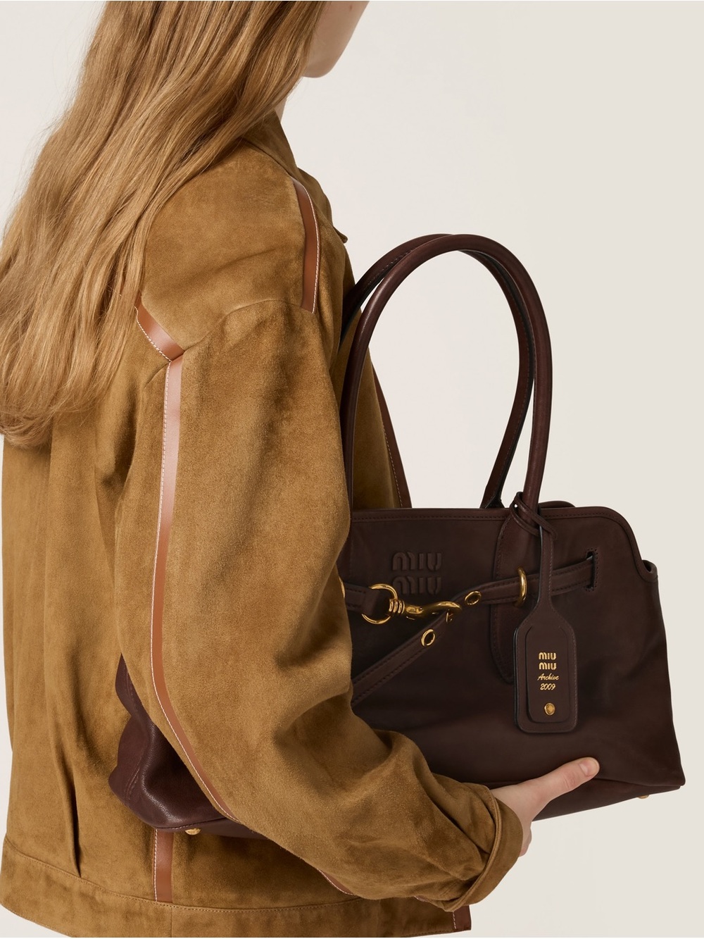 Miu Miu Dark Brown Nubuck  Double-Handle Tote with Gold Hardware